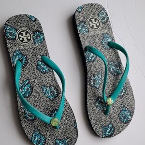 Tory Burch Black and Teal Slippers